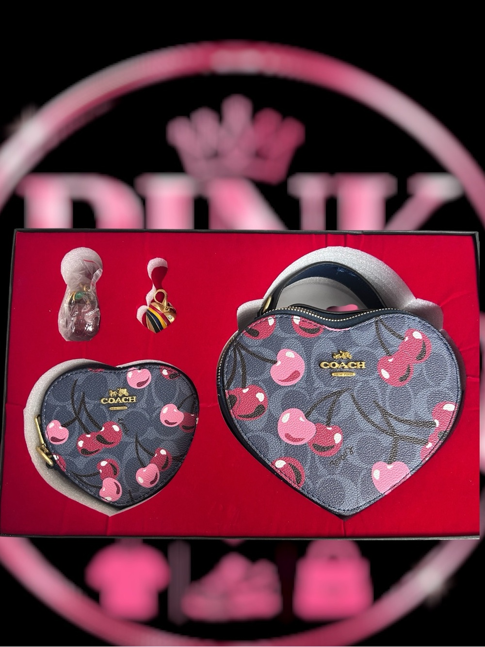 COACH Heart-Shaped Cherry Print Wristlet & Coin Case - Pink on Gray 🩷 - Picture 1 of 1